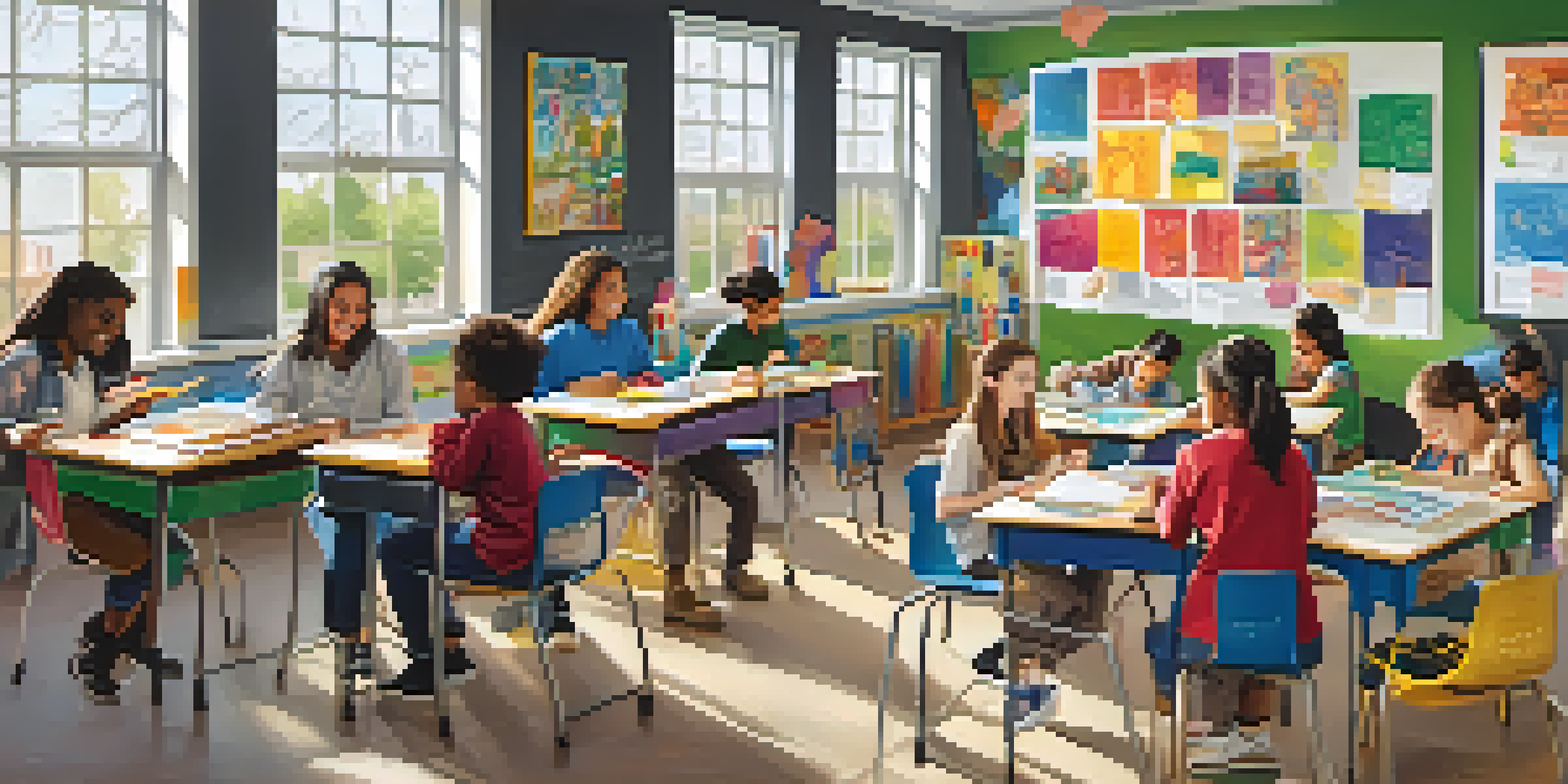A diverse group of students working together on a project in a colorful classroom filled with educational materials and student artwork.