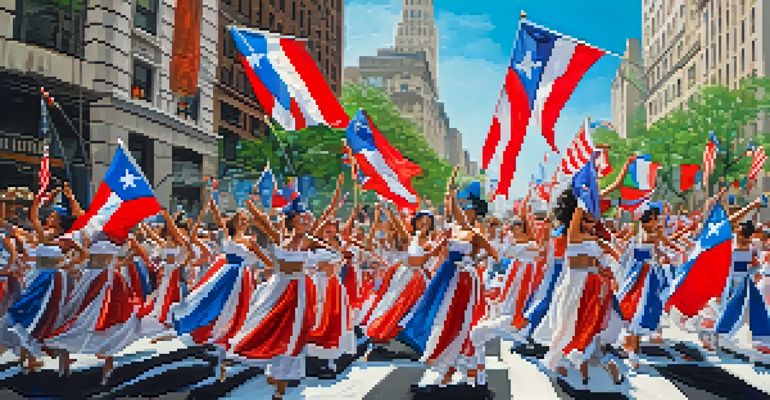 A vibrant depiction of the Puerto Rican Day Parade with people in traditional costumes, flags, and a festive atmosphere on Fifth Avenue in New York City.