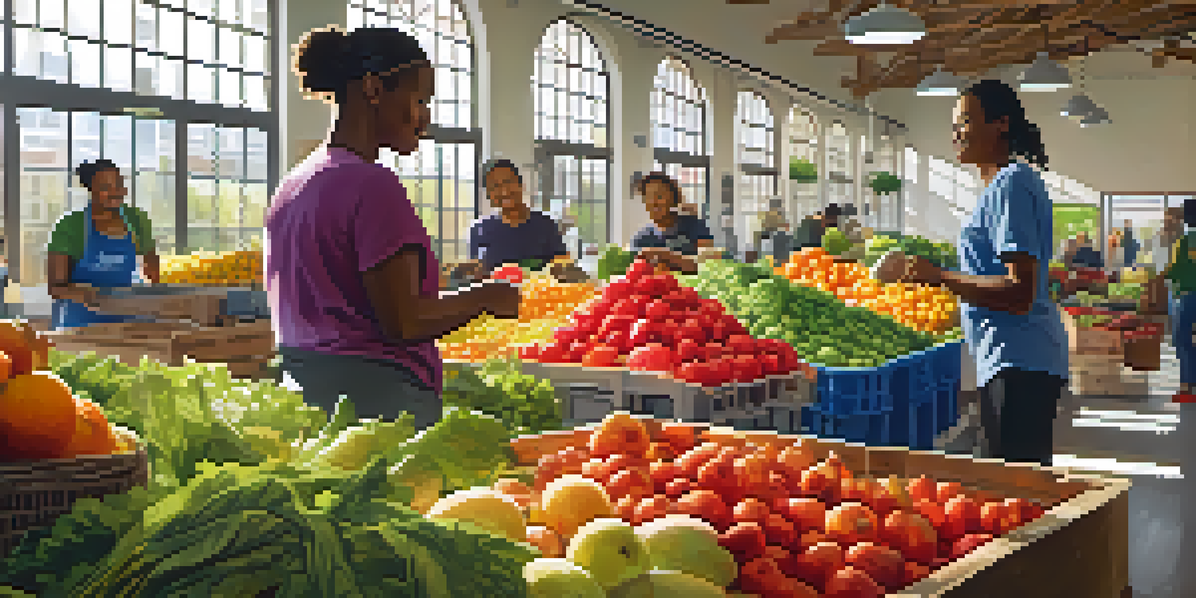 Volunteers sorting fresh produce in a bright community center, showcasing teamwork and diversity.