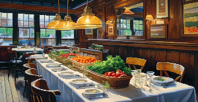 A cozy restaurant setting in NYC with a table full of colorful seasonal dishes made from fresh local ingredients, illuminated by warm lighting.