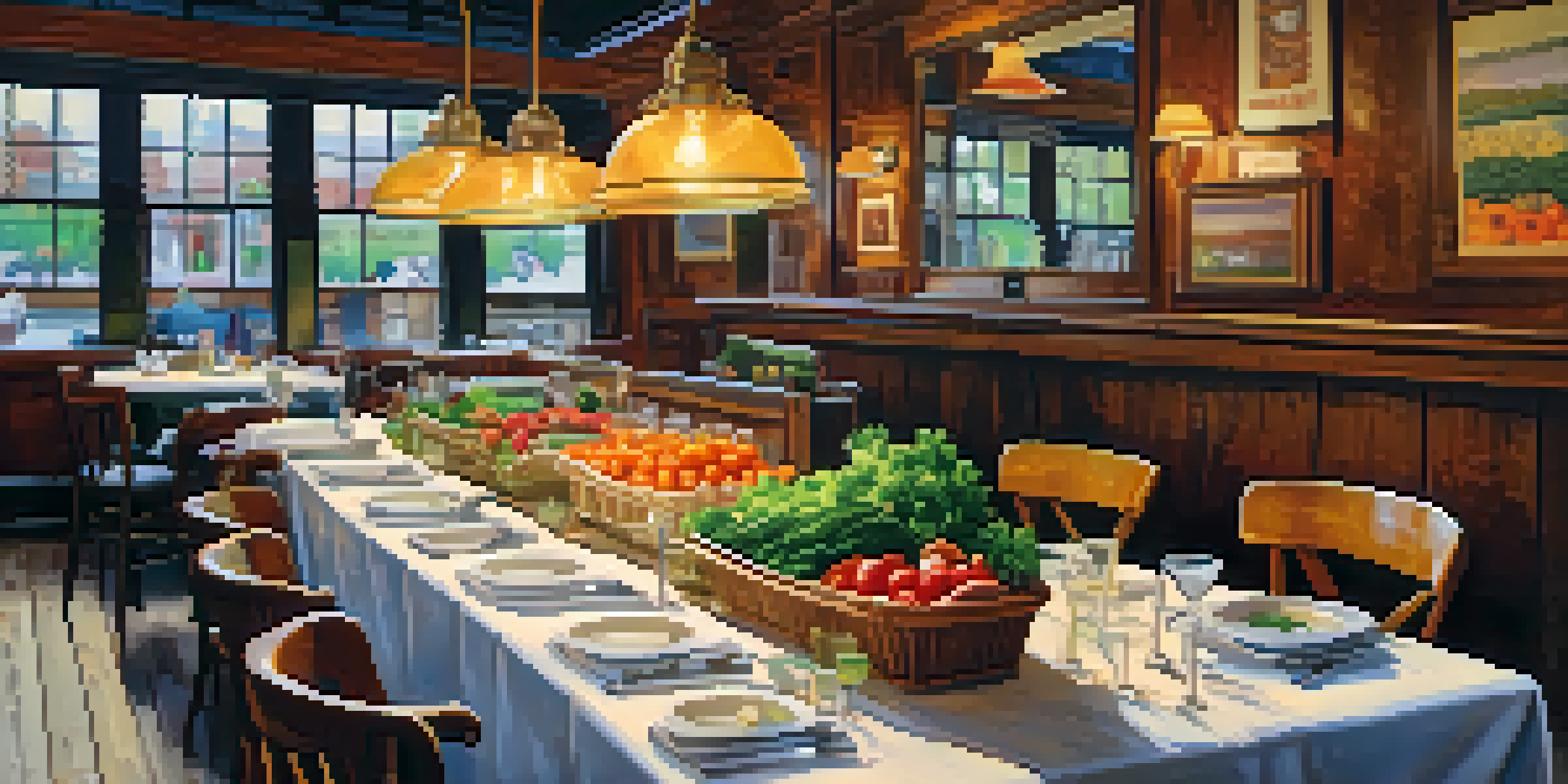 A cozy restaurant setting in NYC with a table full of colorful seasonal dishes made from fresh local ingredients, illuminated by warm lighting.