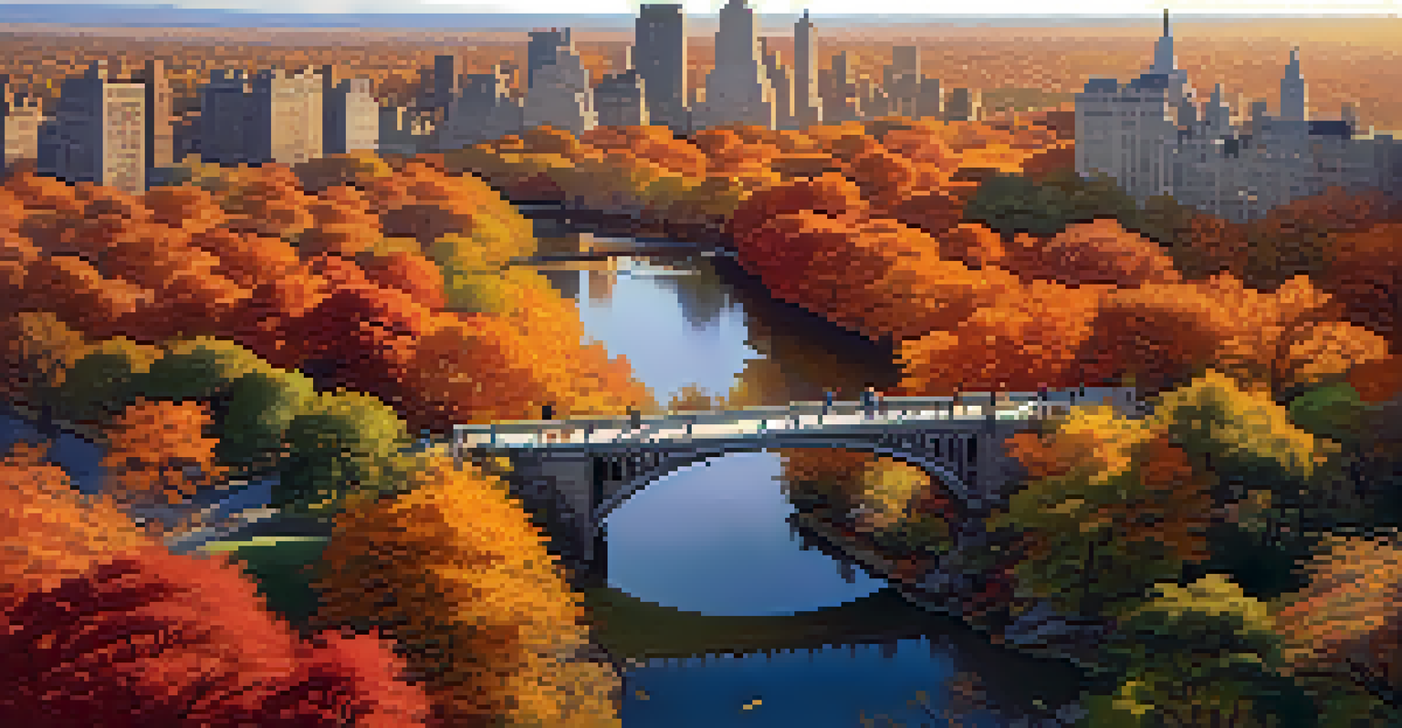 Aerial view of Central Park in autumn with colorful leaves and visitors enjoying the scenery.