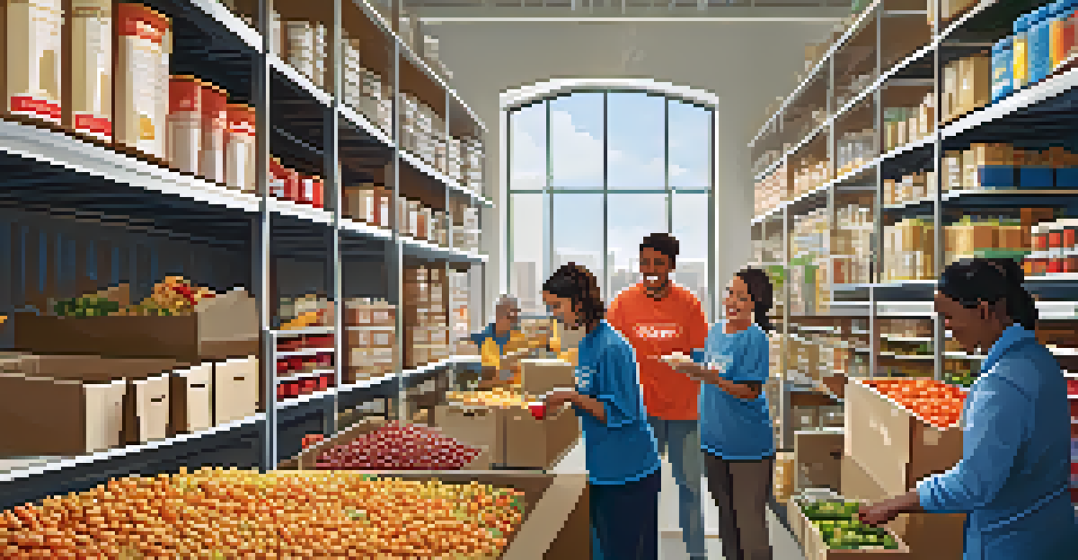 Volunteers of different ages and ethnicities working together at a food bank, sorting and packing food items under natural light.