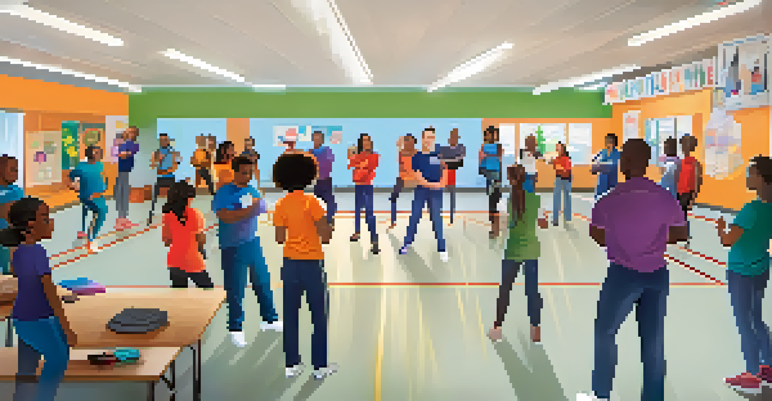 A safety workshop in a community center, with volunteers teaching self-defense to diverse participants, illuminated by warm overhead lights.