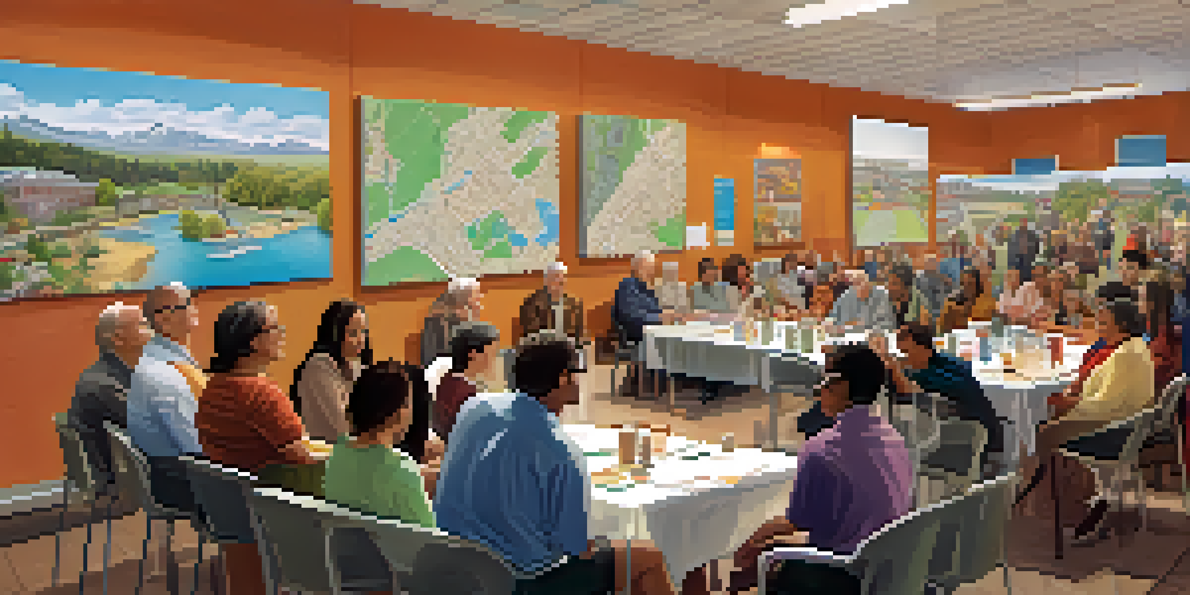 A community meeting with diverse residents discussing transit planning, with maps and posters displayed.