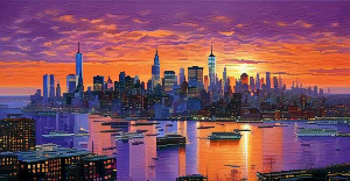 A panoramic view of New York City's skyline at dusk with a sunset sky and reflections in the water.