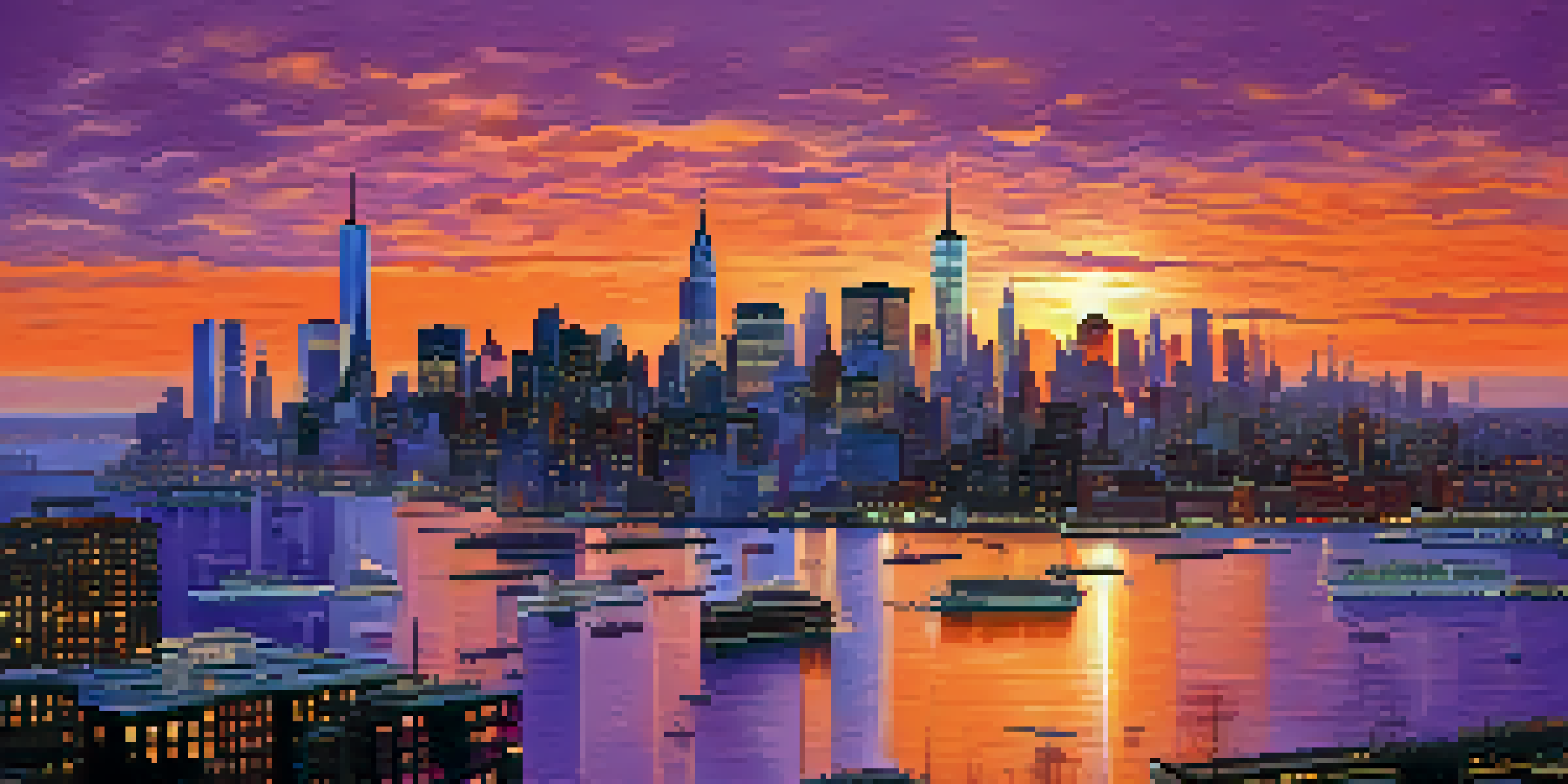 A panoramic view of New York City's skyline at dusk with a sunset sky and reflections in the water.