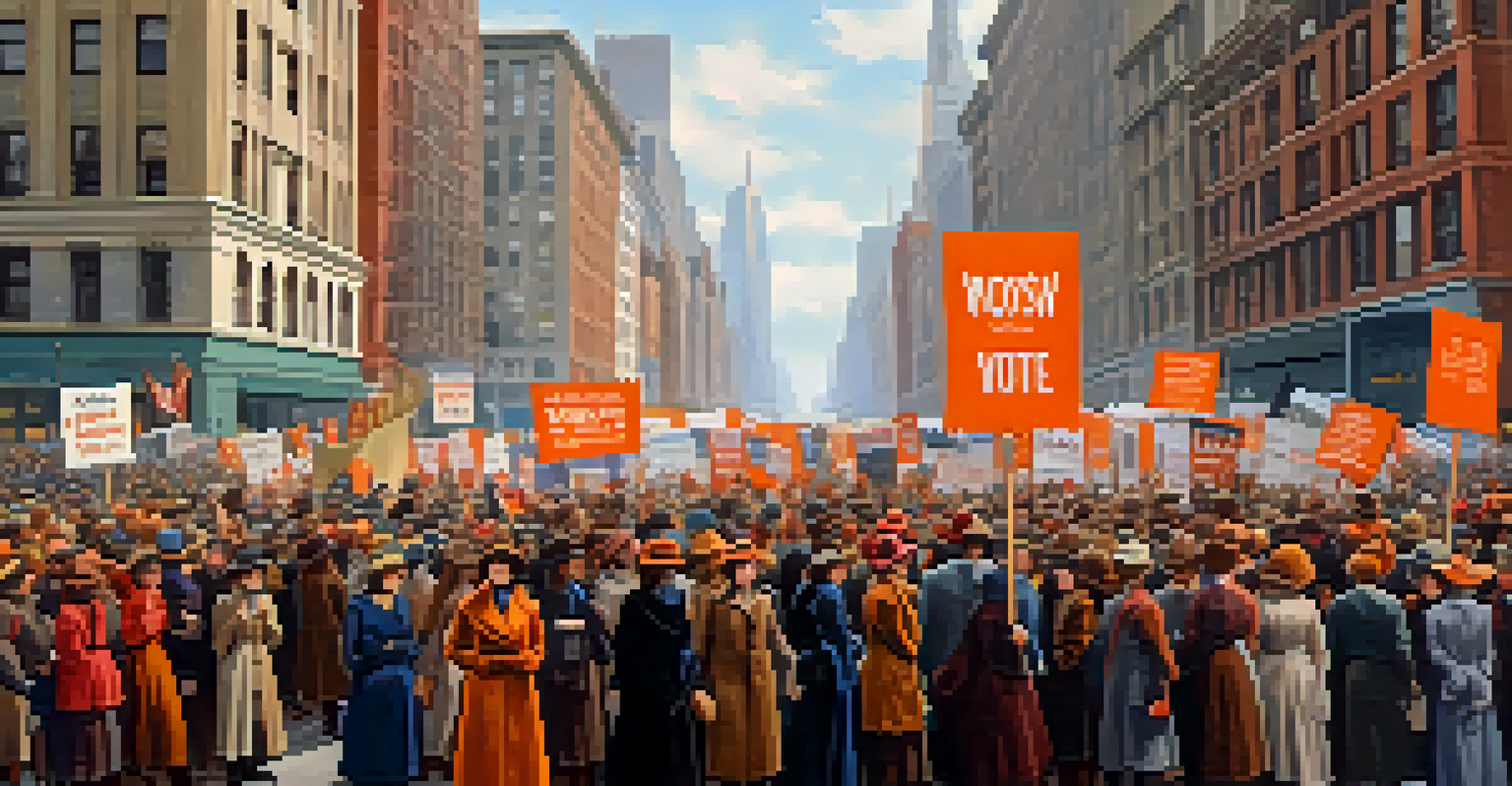 Thousands of women marching in the 1917 Women’s March on New York, demanding voting rights with signs and a bustling city backdrop.