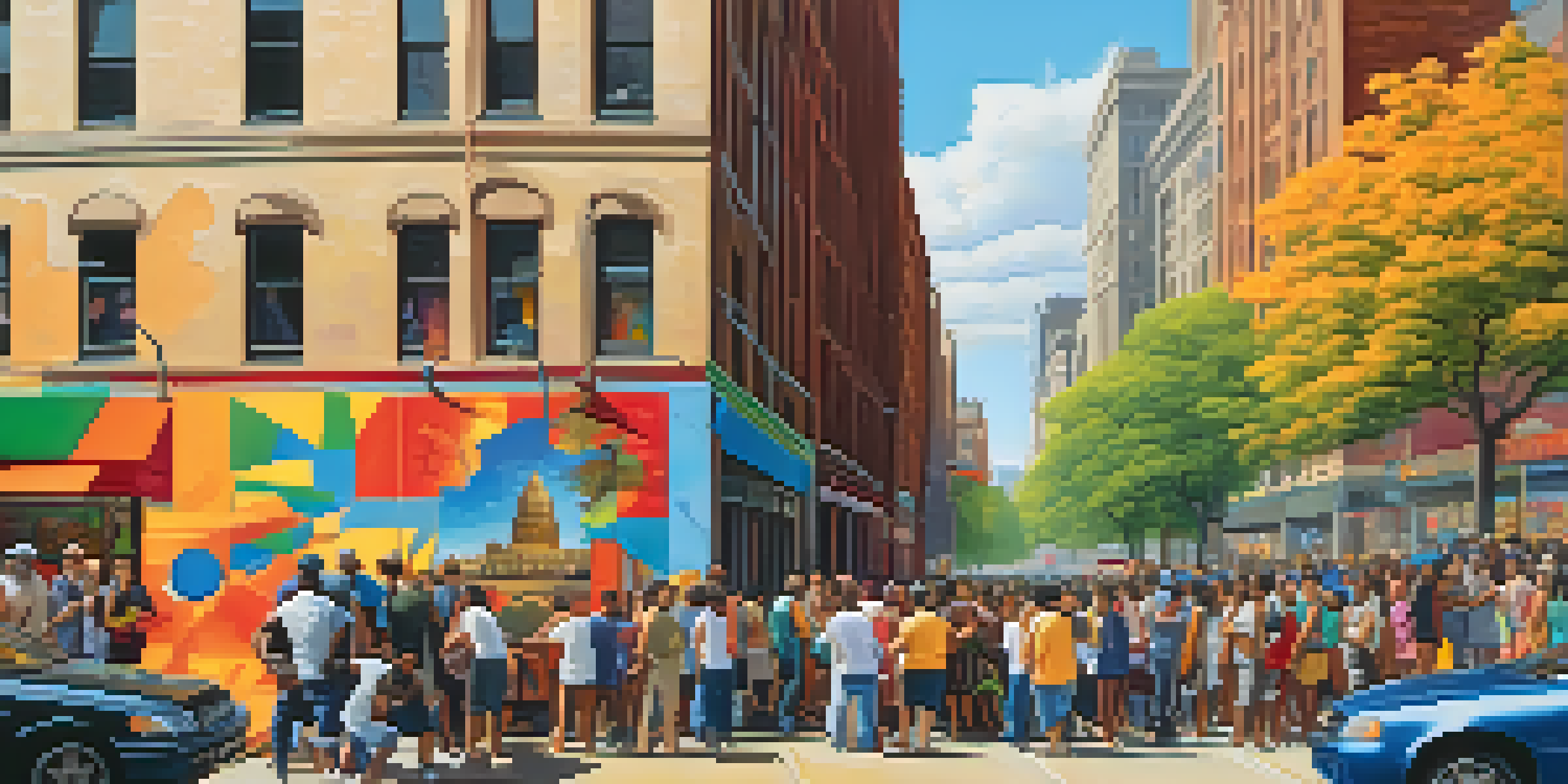 A group of artists painting a colorful mural in New York City, with diverse cultural symbols and onlookers enjoying the scene.