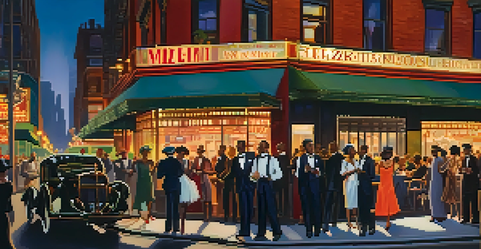 A bustling street in Harlem during the 1920s, featuring jazz musicians and elegantly dressed couples dancing, illuminated by colorful neon signs.
