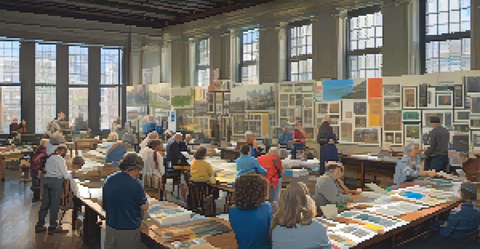 A community workshop in a historical archive with diverse participants engaged in archiving activities, surrounded by colorful history posters and natural light from large windows.