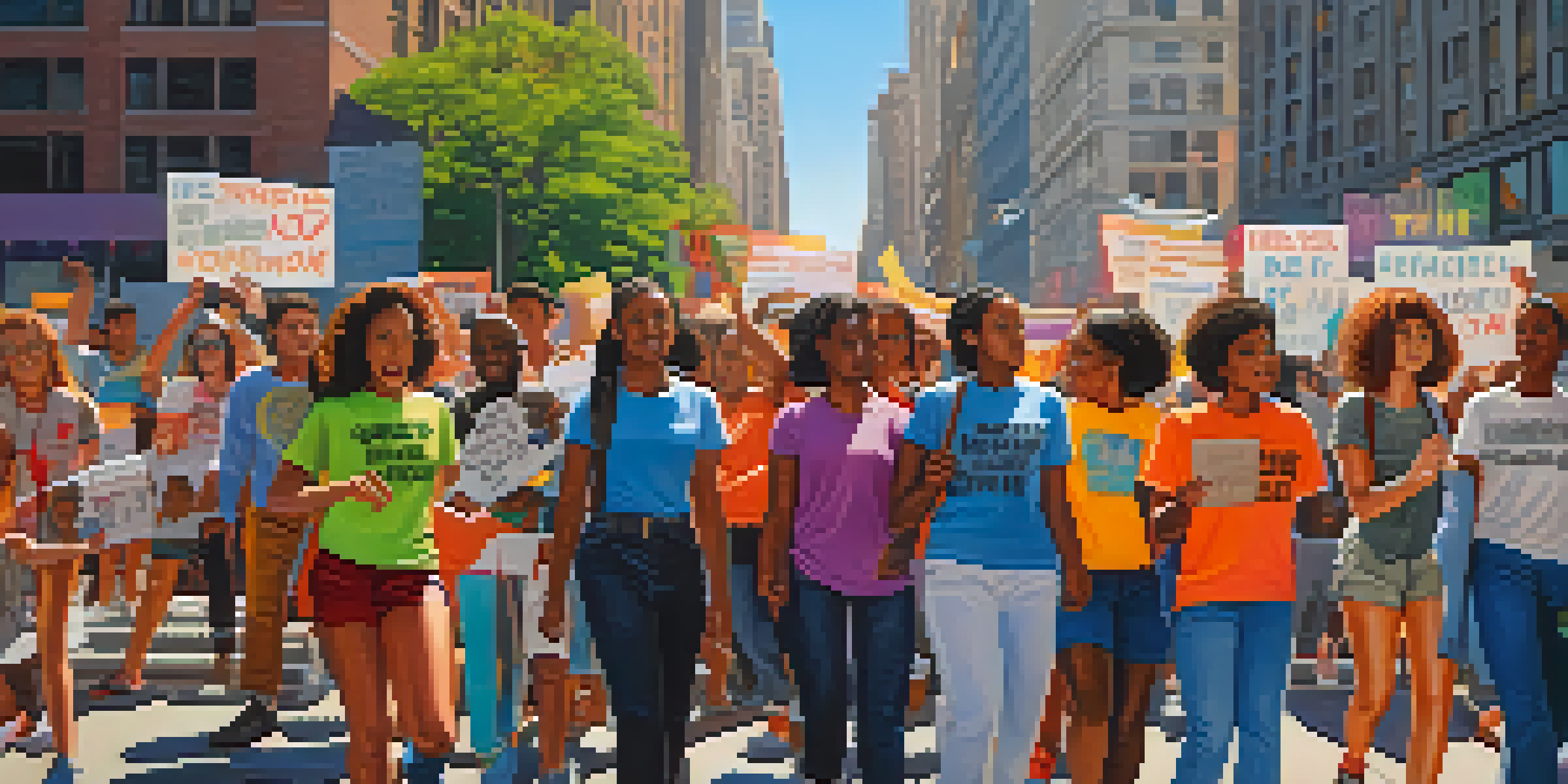 A diverse group of young activists protesting in New York City with colorful signs and banners, set against a backdrop of tall buildings.