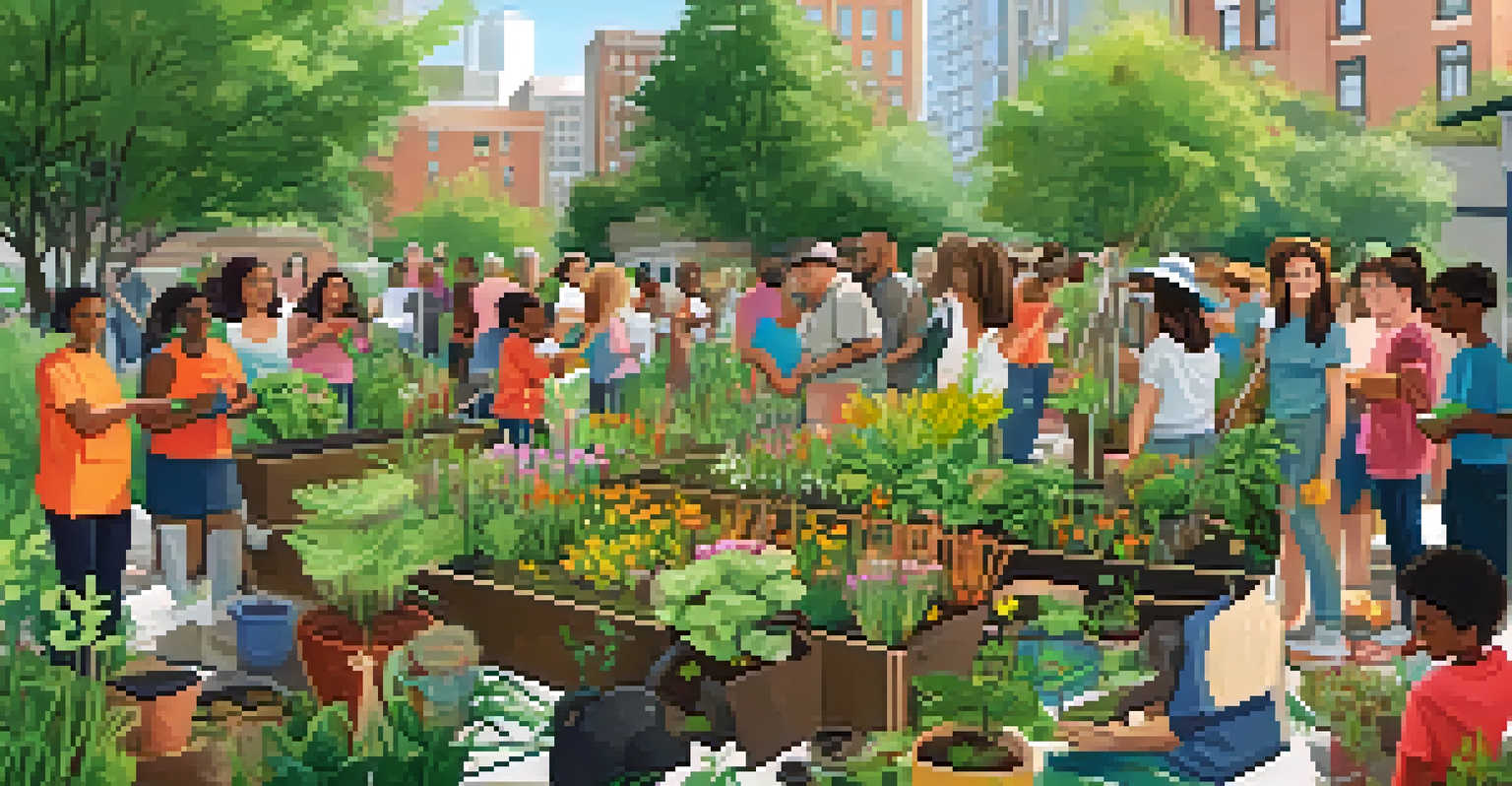 A community workshop in an urban garden with residents planting native species and promoting biodiversity.