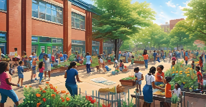 A diverse group of families and children engaged in a gardening project at a school playground in New York City, illustrating community involvement and collaboration.
