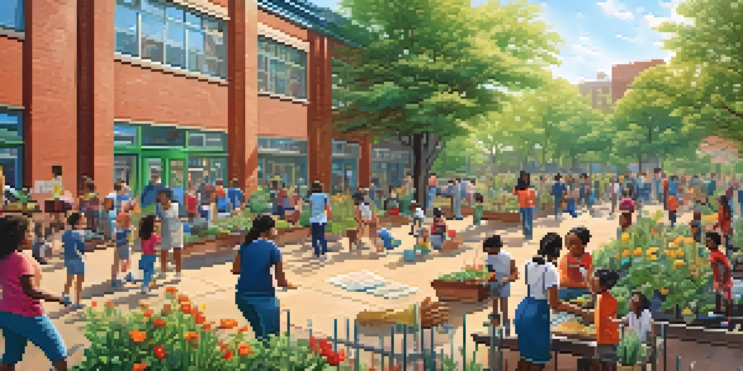 A diverse group of families and children engaged in a gardening project at a school playground in New York City, illustrating community involvement and collaboration.