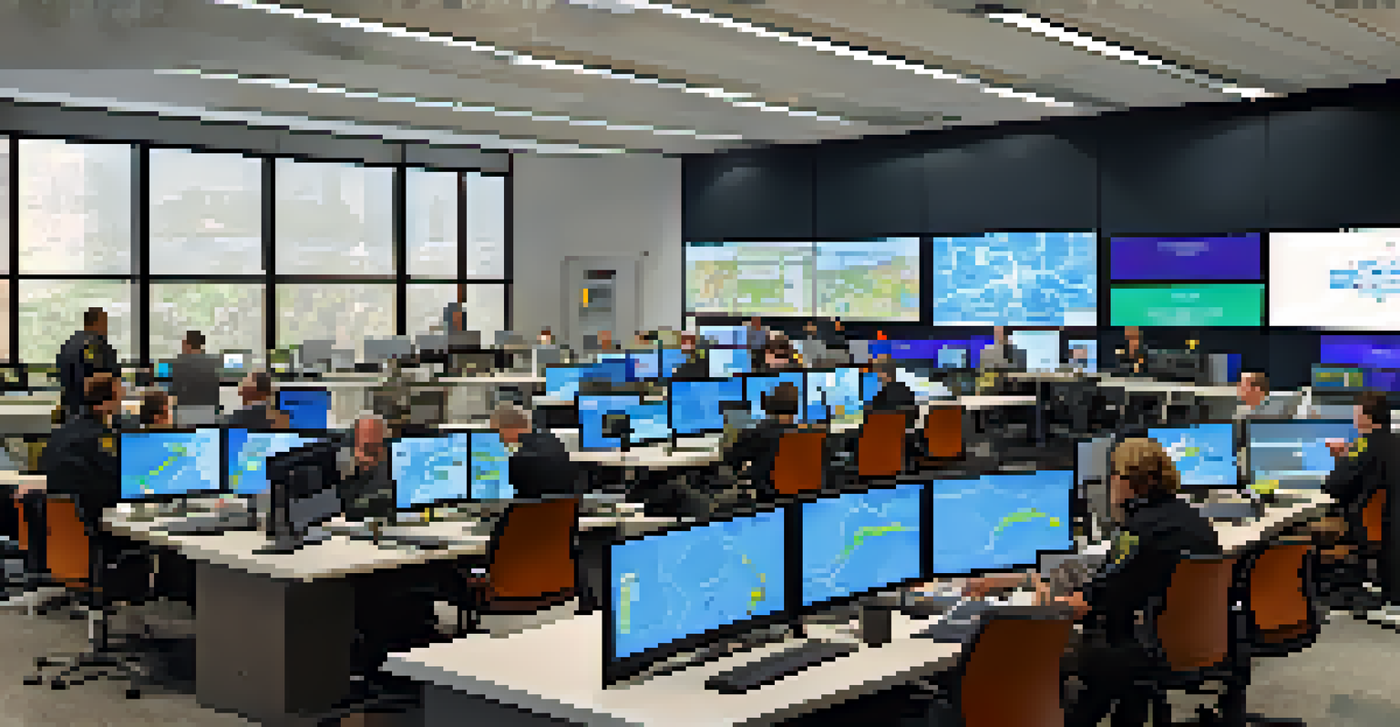 An emergency management command center with officials monitoring data and maps during a crisis simulation.