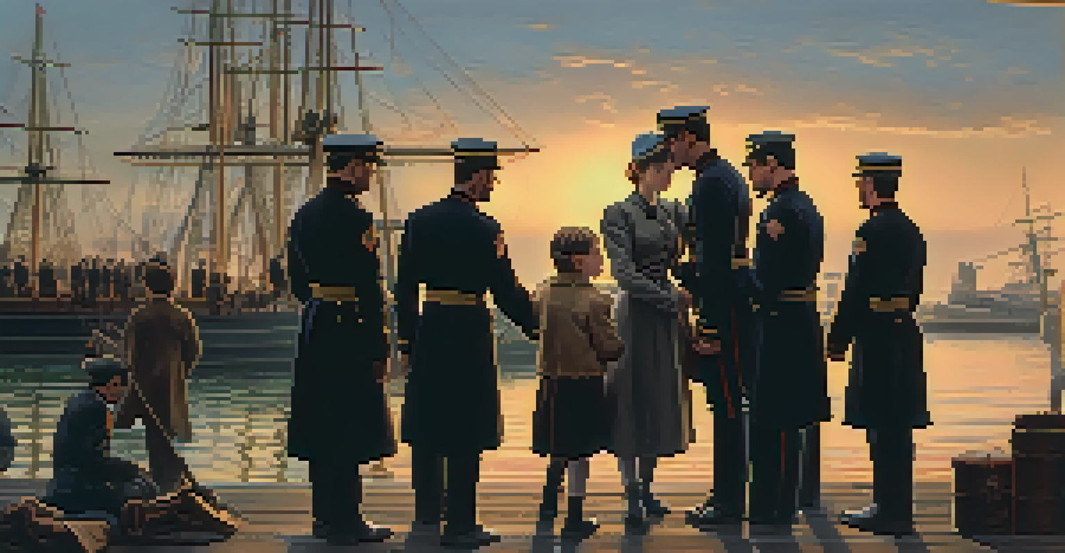 Soldiers in Union uniforms bidding farewell to their families at a New York City port during the Civil War.