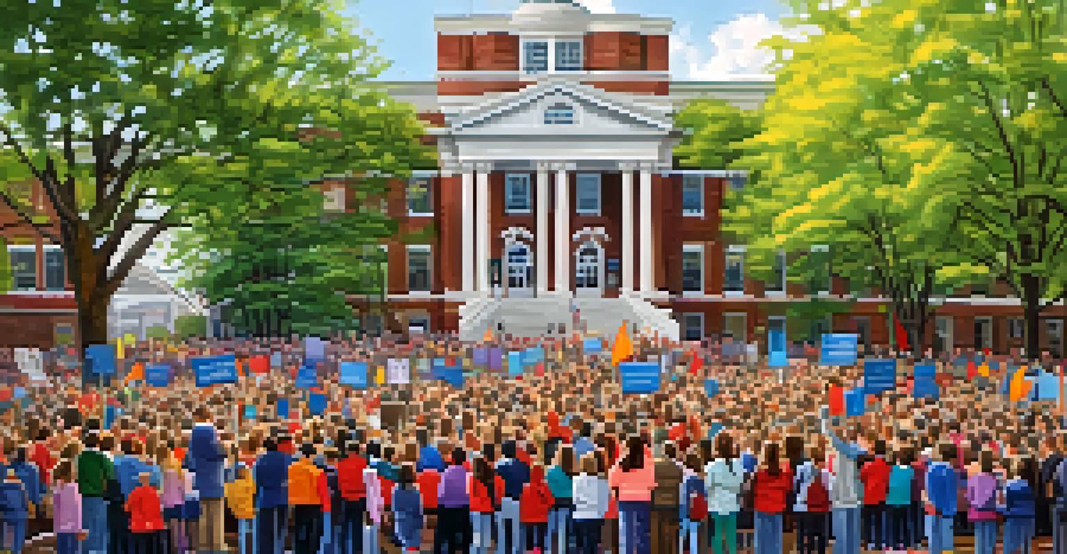 A school rally with teachers and students holding signs for educational reforms, set against a school building and blooming flowers.