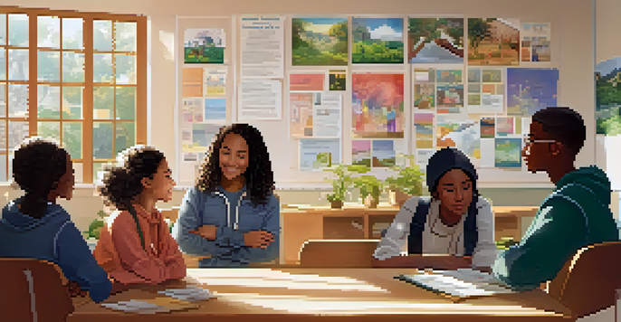 A mental health professional with students in a welcoming school counseling room, filled with sunlight and uplifting decor.