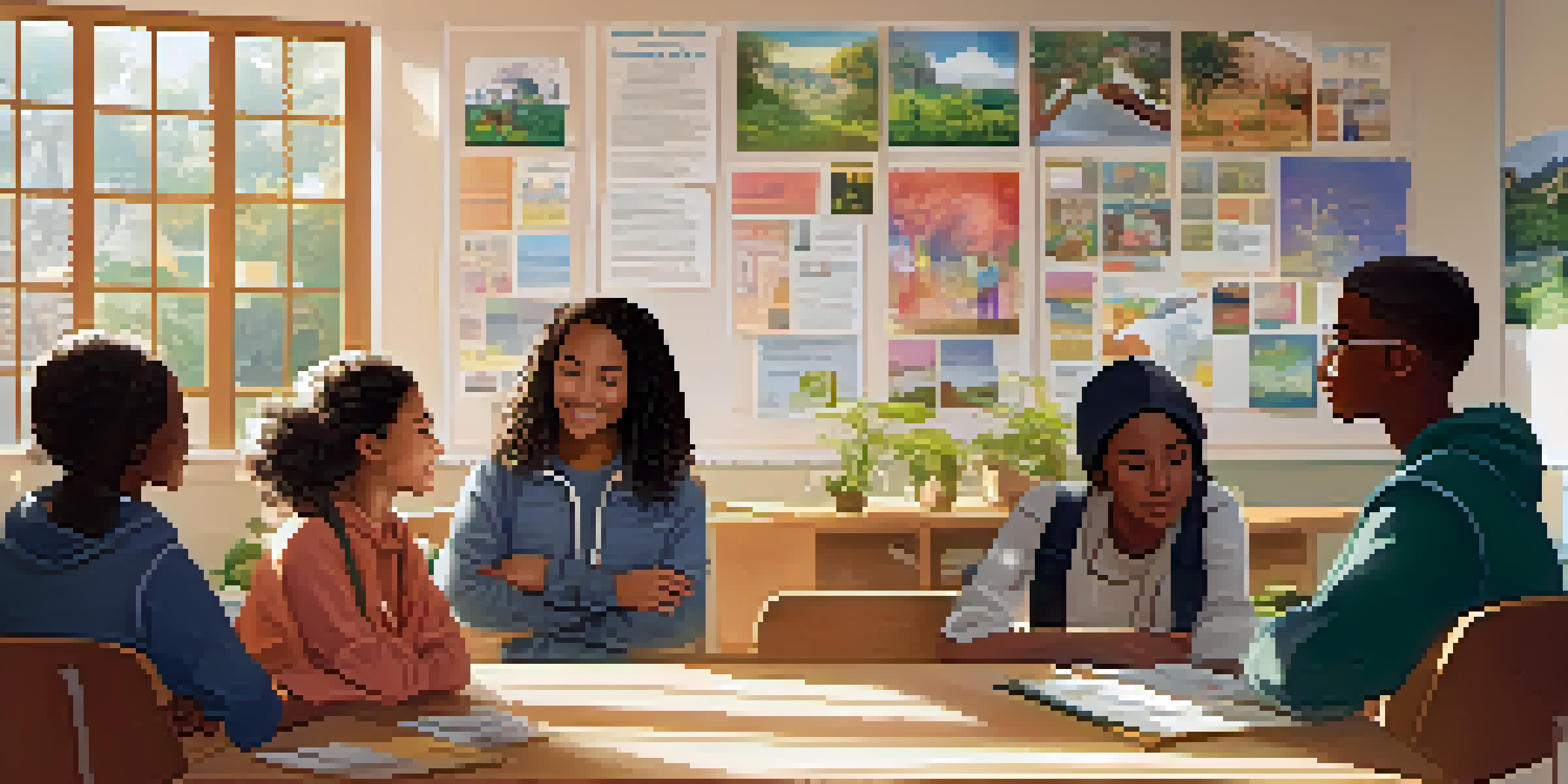 A mental health professional with students in a welcoming school counseling room, filled with sunlight and uplifting decor.