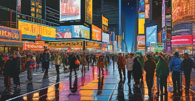 A colorful night scene of Times Square in New York City, bustling with tourists and illuminated by neon lights.