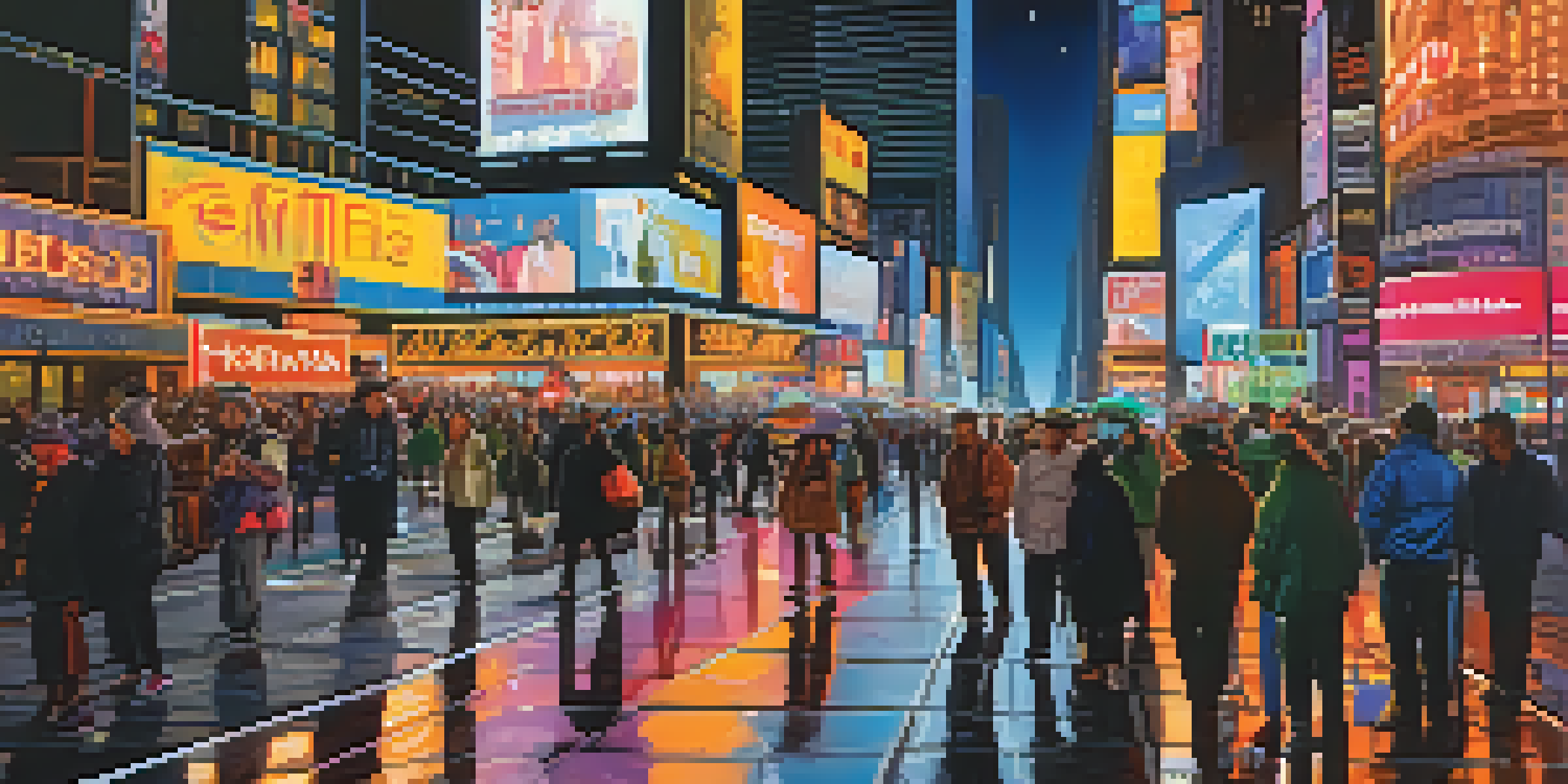 A colorful night scene of Times Square in New York City, bustling with tourists and illuminated by neon lights.