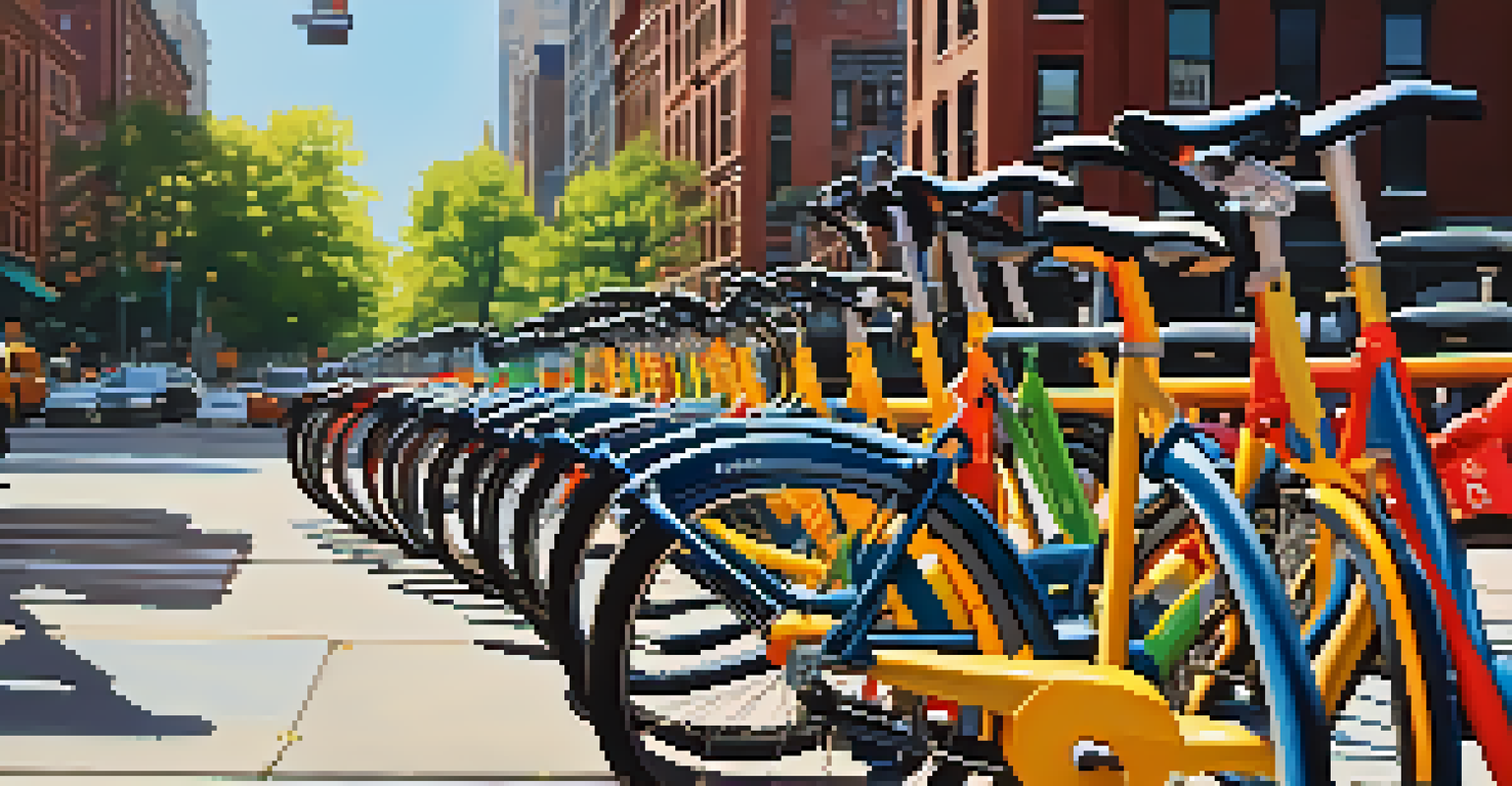 A close-up of a bike-sharing station in New York City, showcasing colorful bikes and urban architecture.