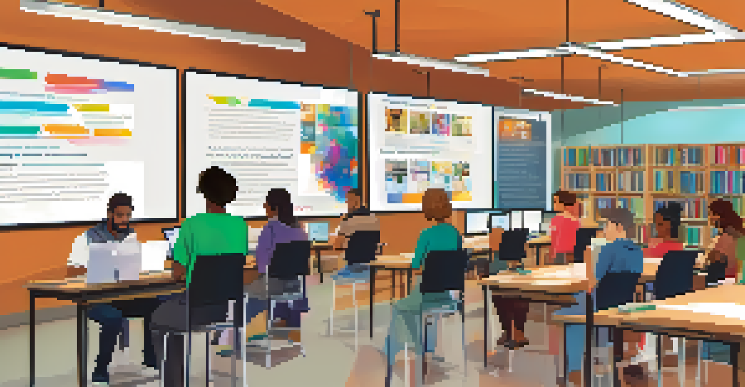 A diverse group of adults participating in a digital skills workshop at a library, with an instructor and computers in a bright room.