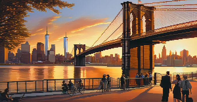 A sunset view of the Brooklyn Bridge with golden hues reflecting on the water and the Manhattan skyline in the background.