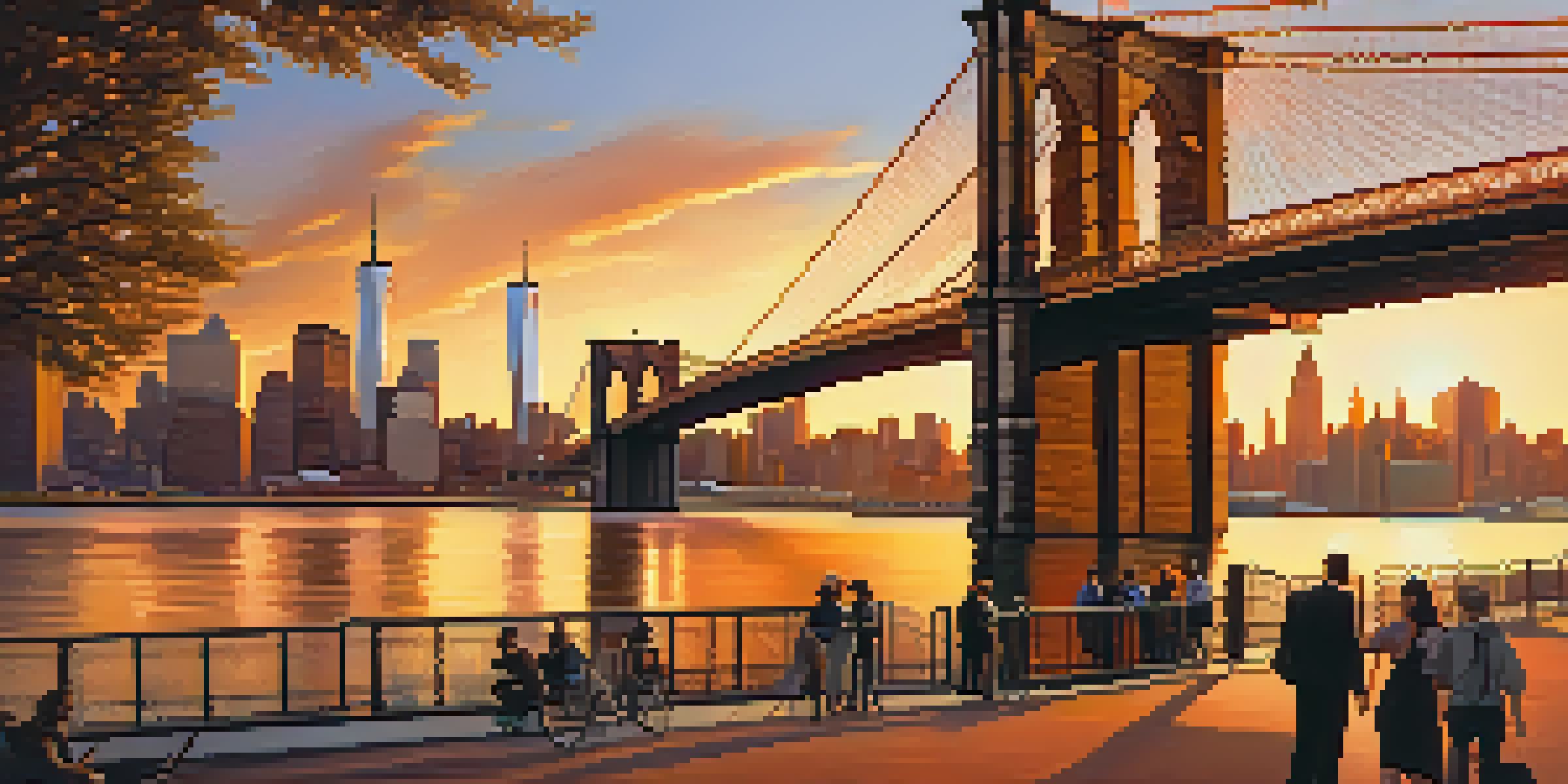 A sunset view of the Brooklyn Bridge with golden hues reflecting on the water and the Manhattan skyline in the background.