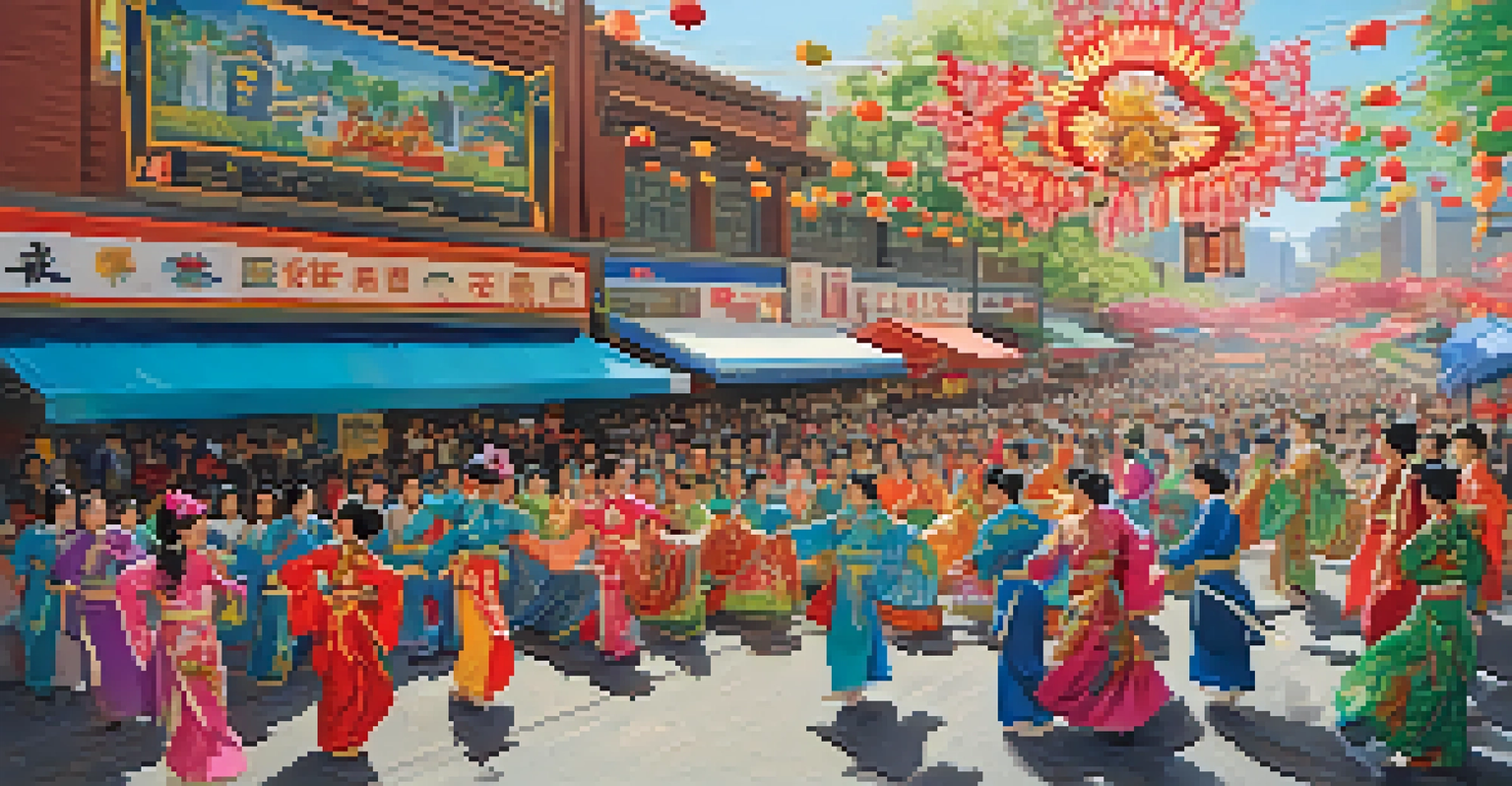 A colorful Asian American Heritage Parade float surrounded by traditional dancers and food stalls, depicting a festive atmosphere of cultural celebration.