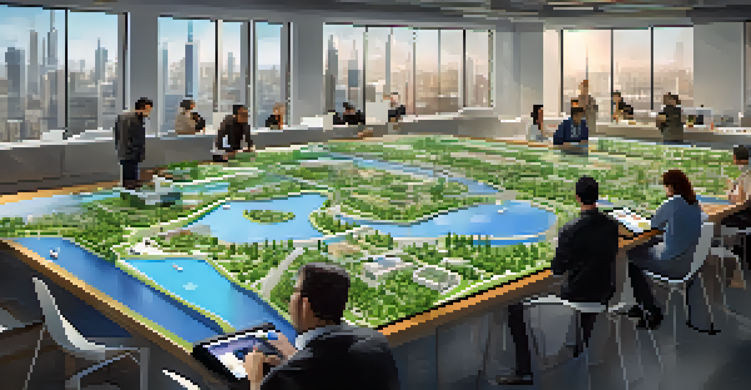Participants in a futuristic urban planning workshop, using tablets and interactive screens to visualize city developments and engage in discussions.