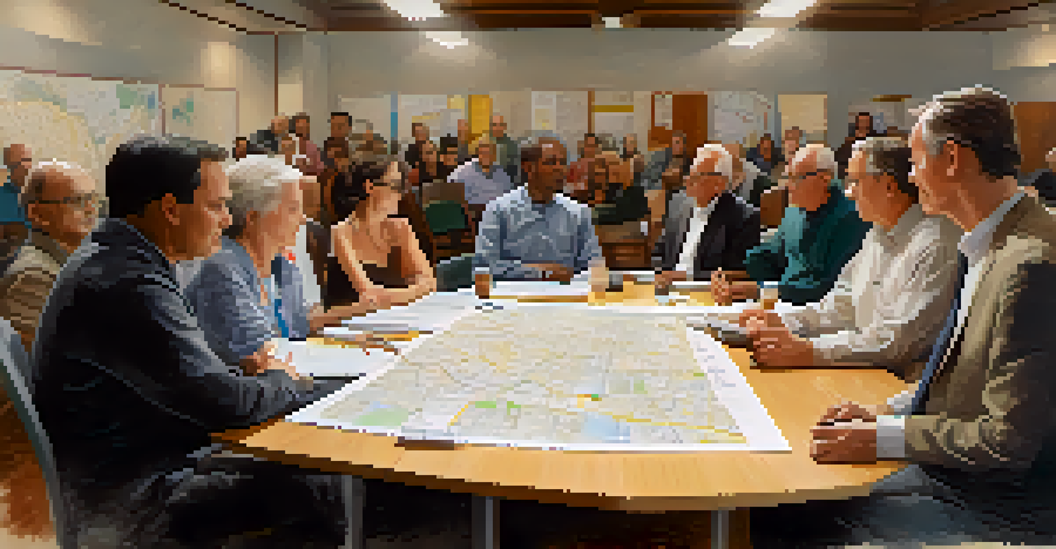 Close-up of a community board meeting with residents discussing urban development plans, surrounded by charts and maps in a warmly lit room.