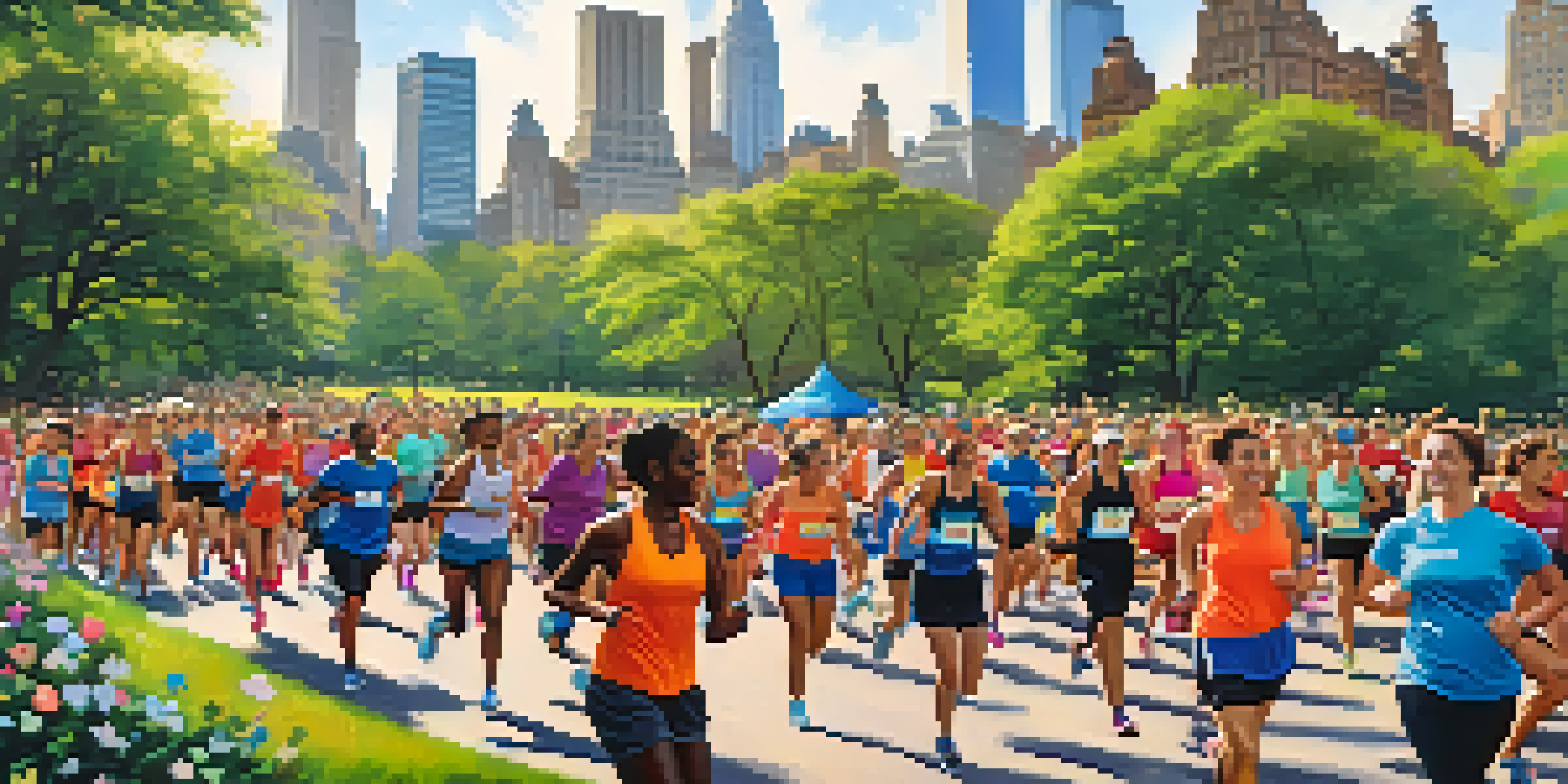 A lively scene of a community fun run in Central Park, with diverse participants in athletic wear and NYC's skyline in the background, conveying a sense of support and awareness for mental health.