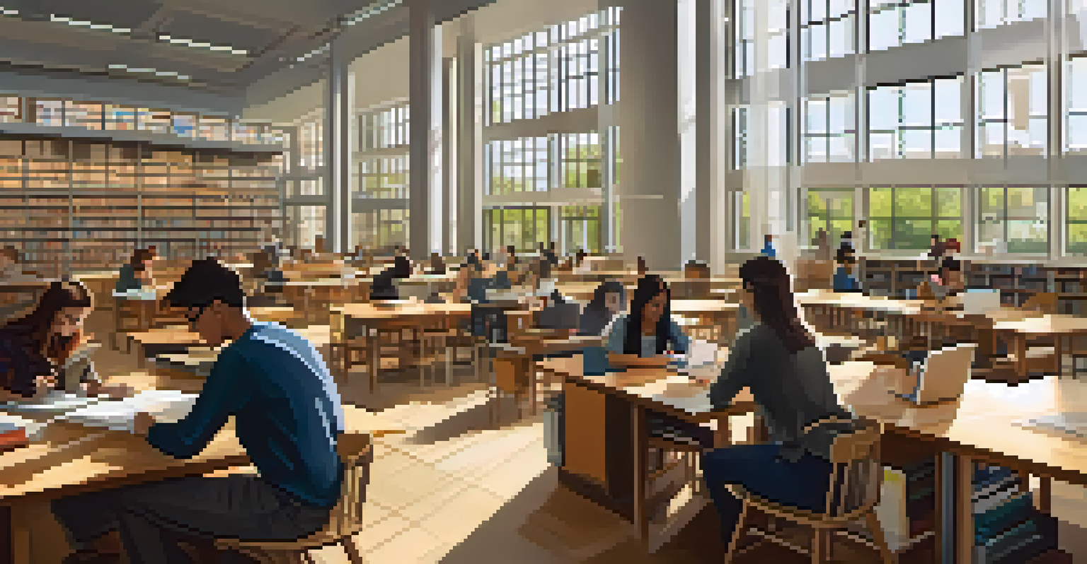 Inside a contemporary university library in NYC, students of various backgrounds are studying at wooden tables with sunlight filtering through large windows.