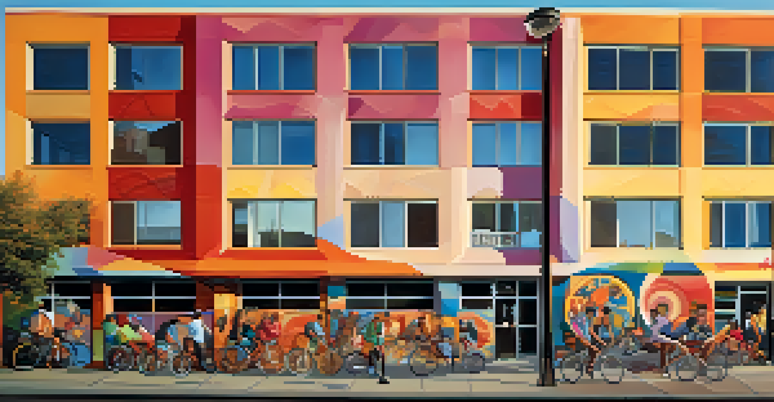 A vibrant mural depicting local heroes on a building with pedestrians and cyclists nearby during sunset.