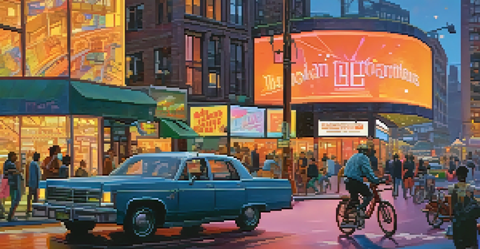 A busy NYC street at dusk with gig workers, including a rideshare driver and a delivery cyclist, against a glowing skyline.