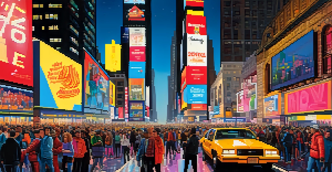 A lively nighttime view of Times Square filled with bright neon lights, large billboards, and a diverse crowd of people.