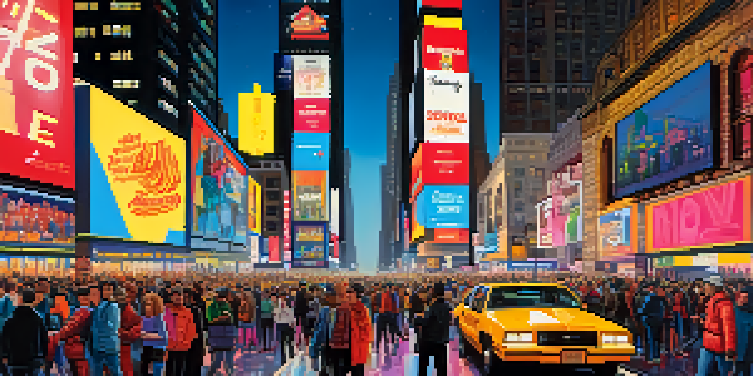 A lively nighttime view of Times Square filled with bright neon lights, large billboards, and a diverse crowd of people.