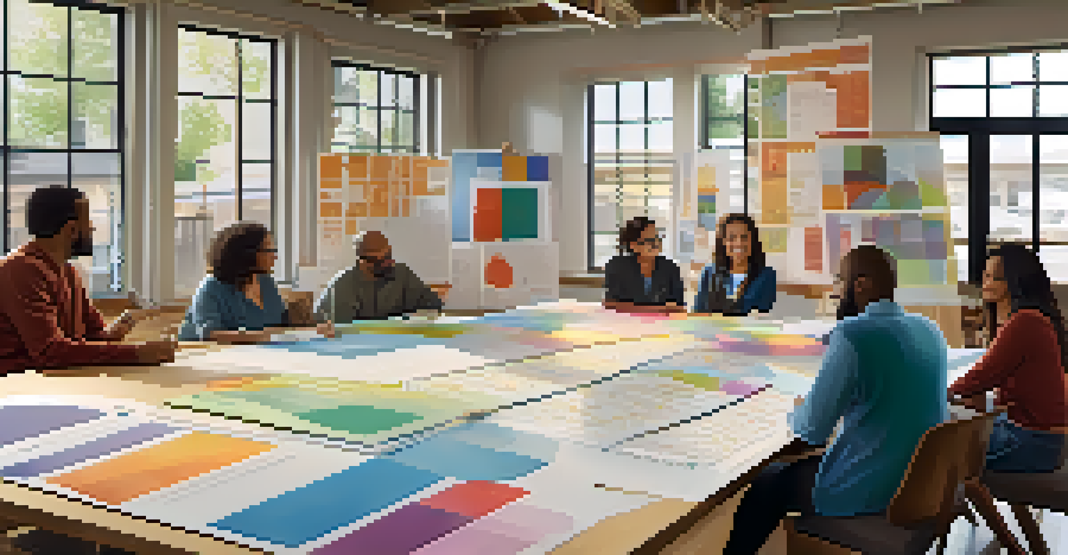 A community meeting with residents and planners discussing urban regeneration, featuring colorful charts and a warm, inviting atmosphere.