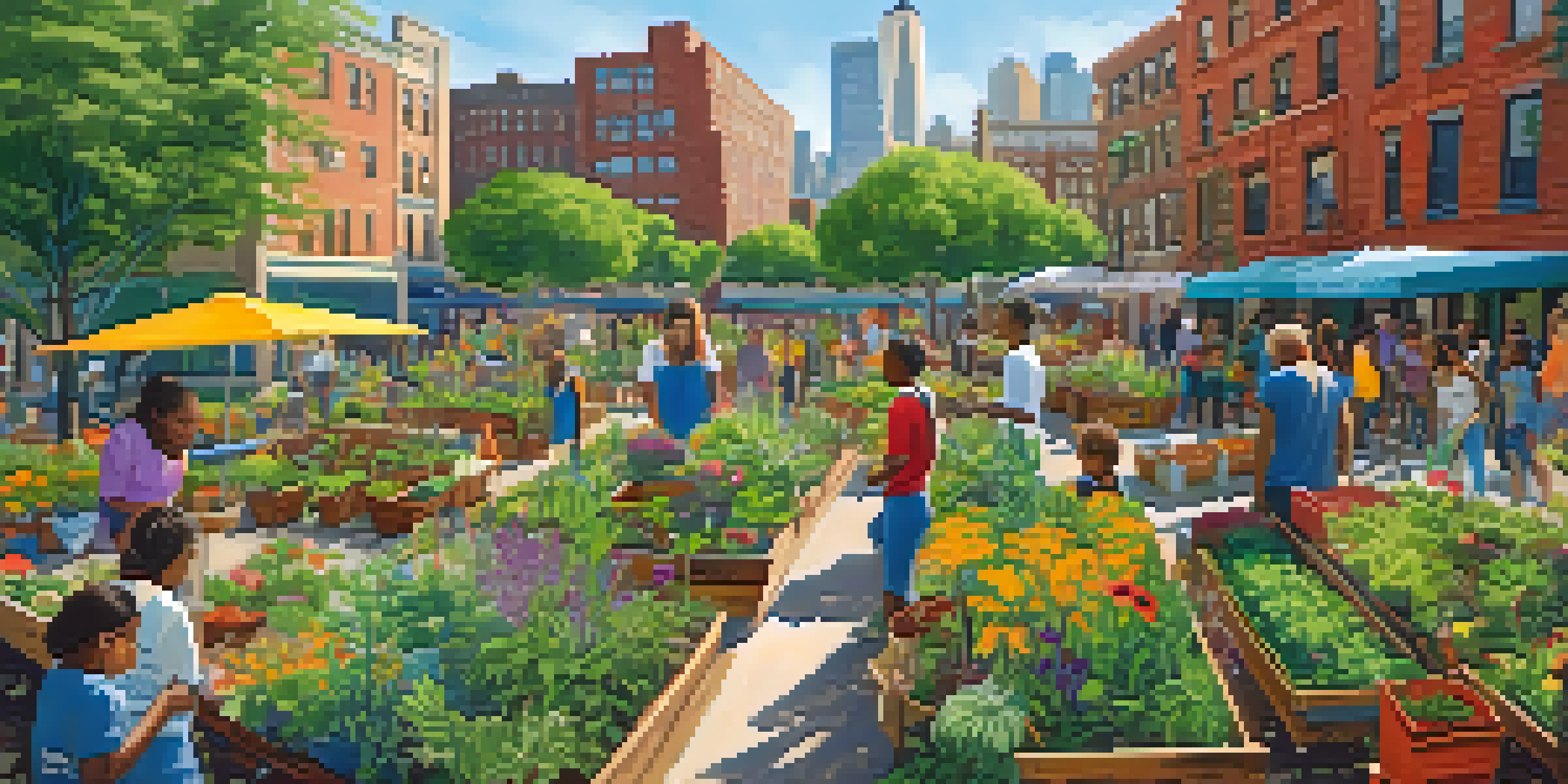 A community garden in NYC with young activists planting flowers and vegetables, showcasing diversity and sustainability.