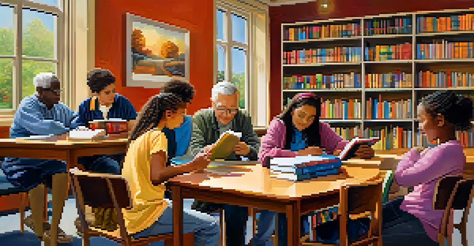 Seniors mentoring young children in a library, with various interactions happening in a colorful, warm environment.