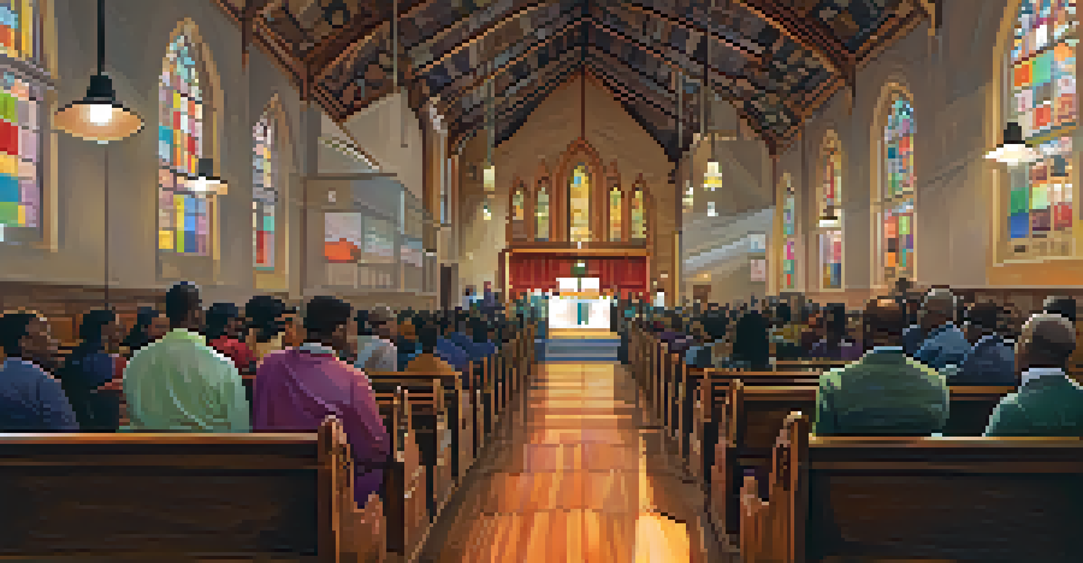 An interior view of the Abyssinian Baptist Church, filled with a diverse audience attending a community meeting, illuminated by stained glass windows.