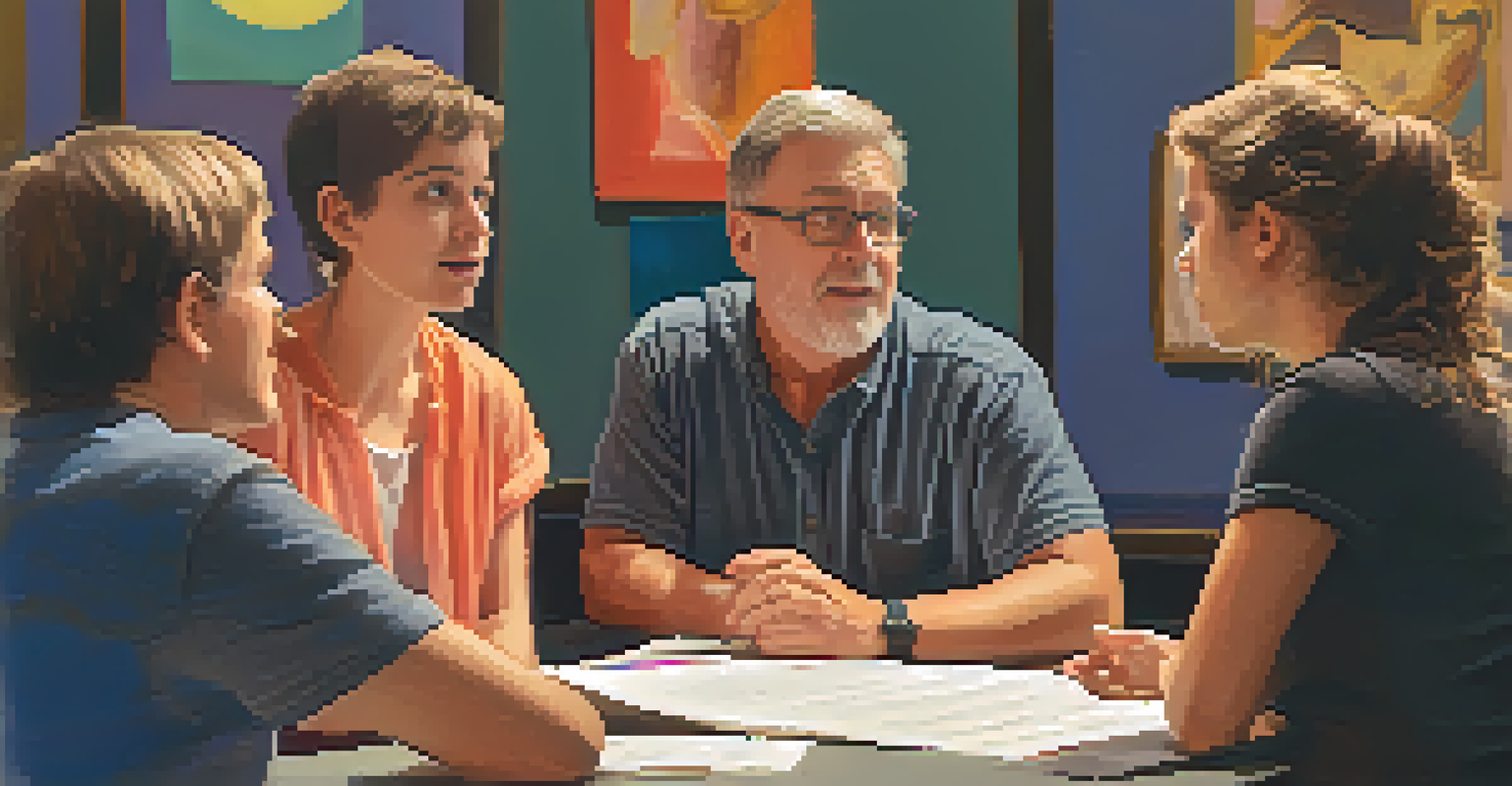 A community theater director guiding young actors during a rehearsal, surrounded by scripts and props in a warm-lit space.