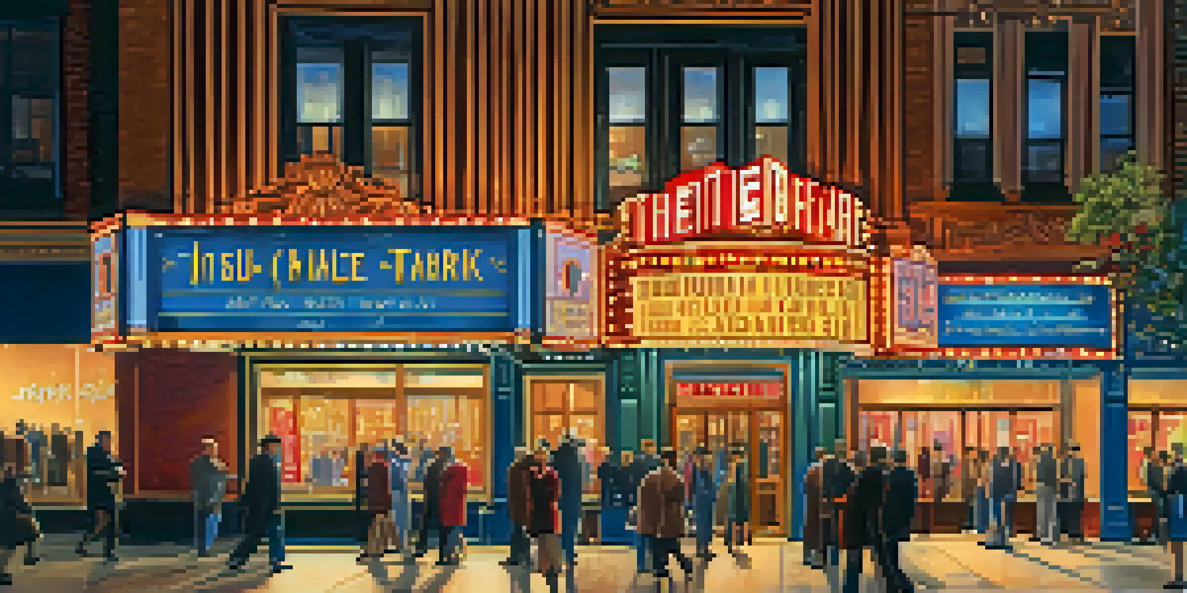 A lively scene outside an independent theater in NYC at night, with a lit marquee and theatergoers dressed elegantly.