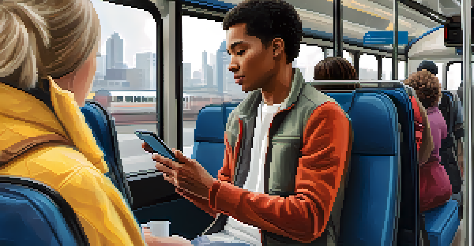 A person using a mobile app on a bus to provide feedback on transit services, with fellow passengers in the background.