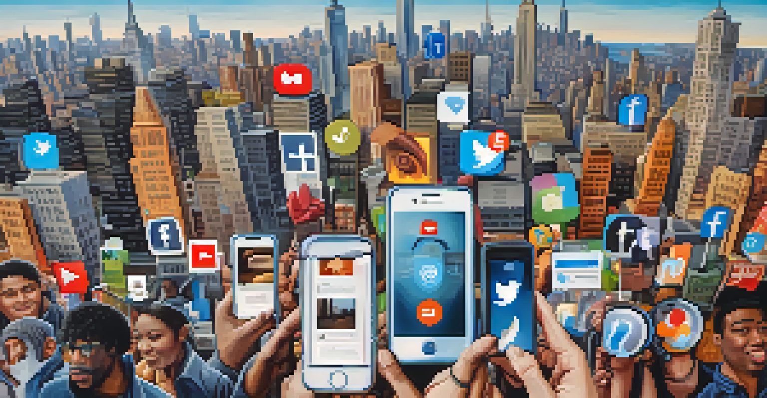 A group of diverse individuals holding smartphones displaying social media platforms, with a New York City skyline in the background.