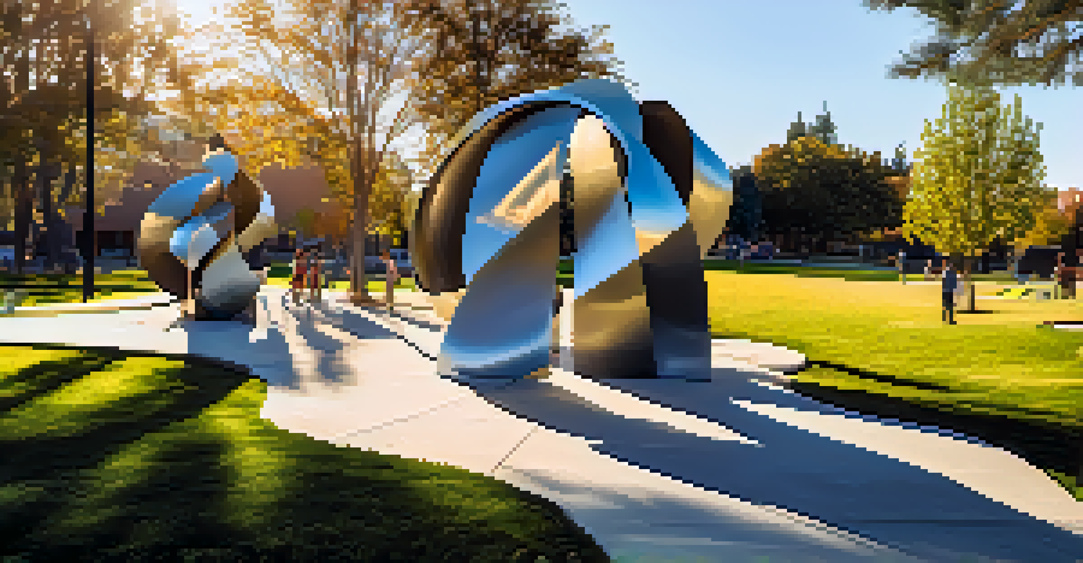 An abstract outdoor sculpture made of recycled materials in a community park, illuminated by warm golden hour sunlight.