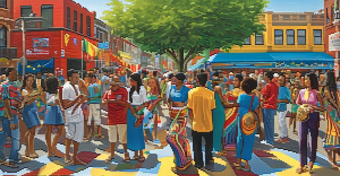 A lively street scene in the Bronx with a colorful mural representing cultural diversity and people enjoying a local festival.