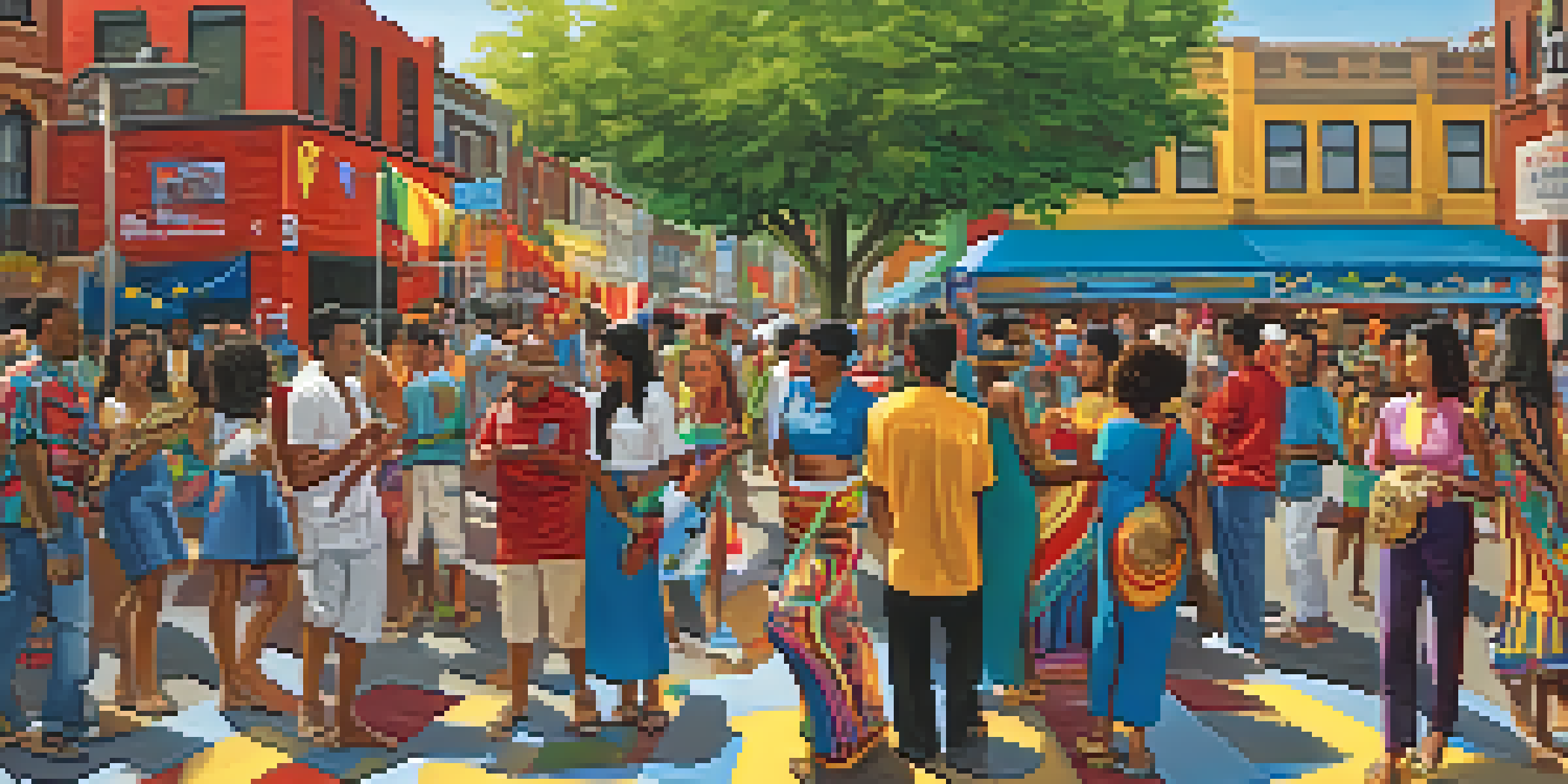 A lively street scene in the Bronx with a colorful mural representing cultural diversity and people enjoying a local festival.